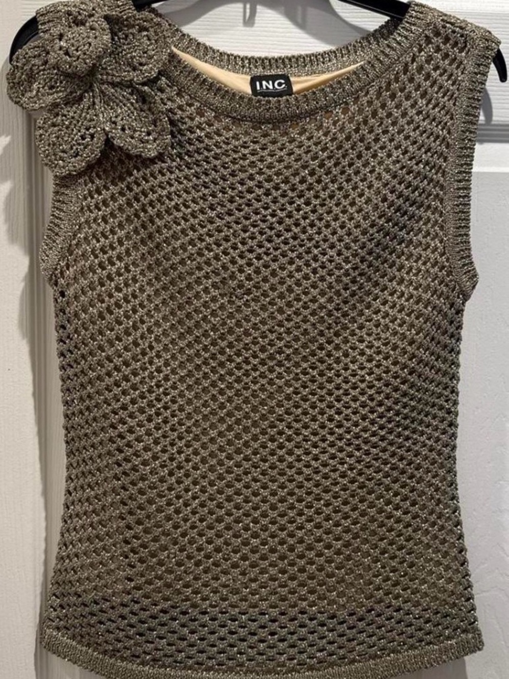 INC International Concepts gold Open-Knit Sleeveless Tank with Crochet Flower